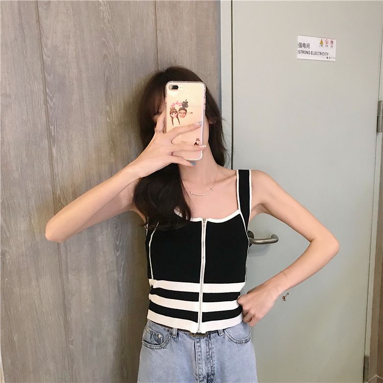 Áo Dệt Kim Không Tay Dáng Ngắn Màu Đen Có Khóa Kéo Thời Trang Mùa Hè Cho Nữ