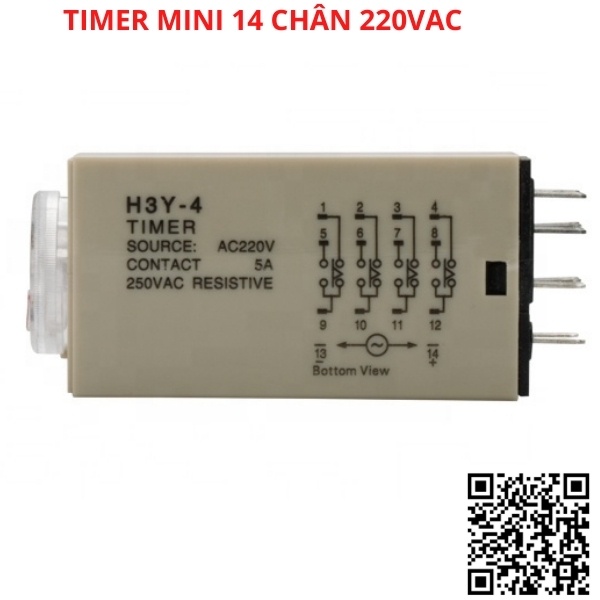 Timer hẹn giờ H3Y-4 relay mini thời gian, công tắc tự động 14 chân điện áp 220VAC tặng kèm chân đế PYF14A