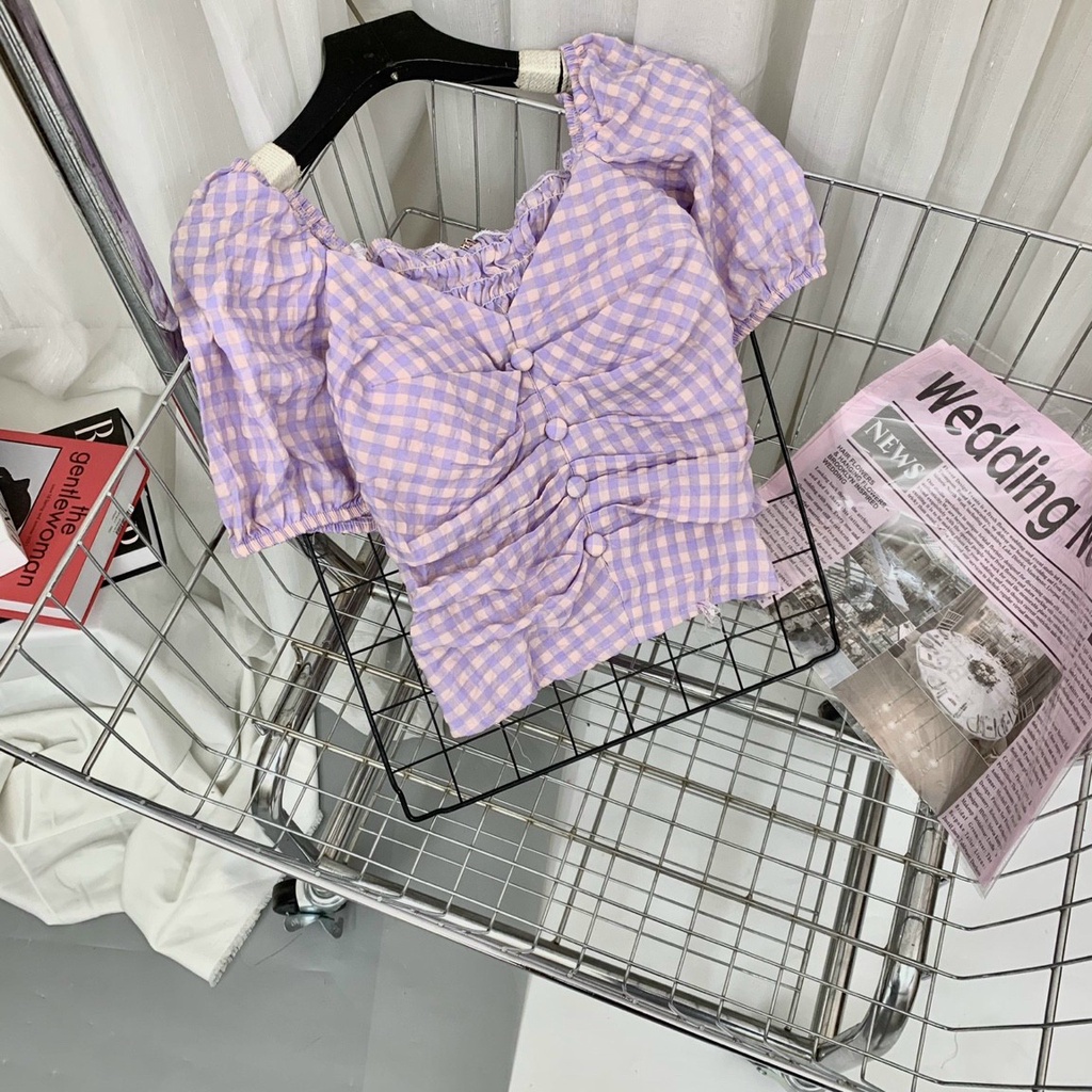 Áo croptop nữ hàng thiết sọc kẻ cổ vuông tay ngắn chất  sơ mi đũi SM01 - phamtrangredep shop