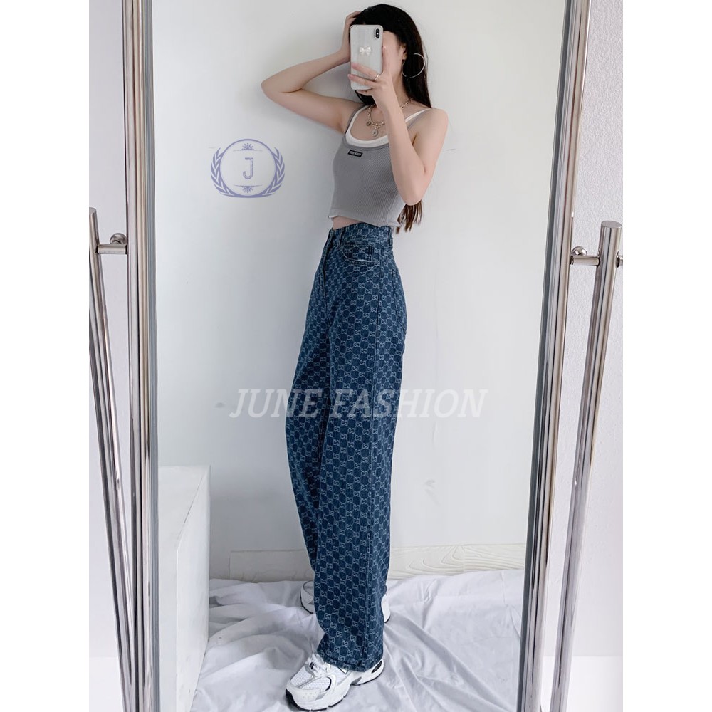 Quần jean, jeans, quan baggy suông ống rộng Nữ họa tiết thêu hoa rối June Fashion