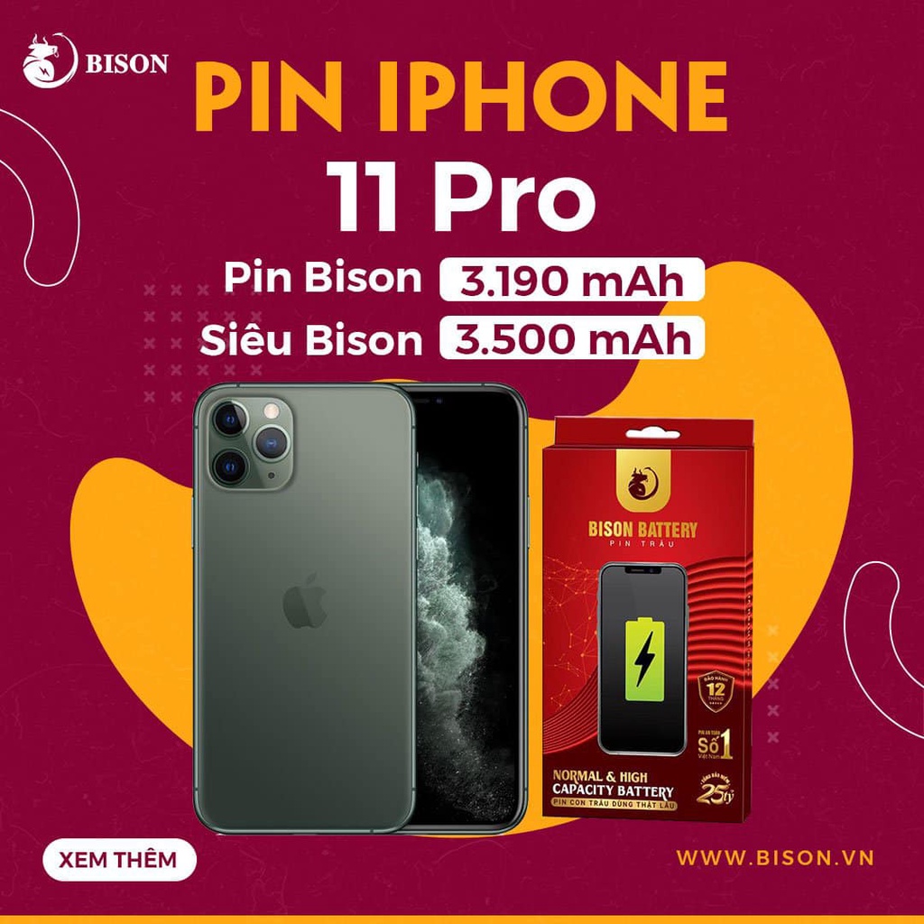 Pin Bison - Pin Chất Lượng Chuẩn Nhất Cho iPhone - BH 12 tháng + Bảo hiểm cháy nổ 25 tỷ (tặng kèm keo dán pin)