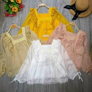 ☀️Áo Kiểu Cổ Vuông Tay Thắt Nơ