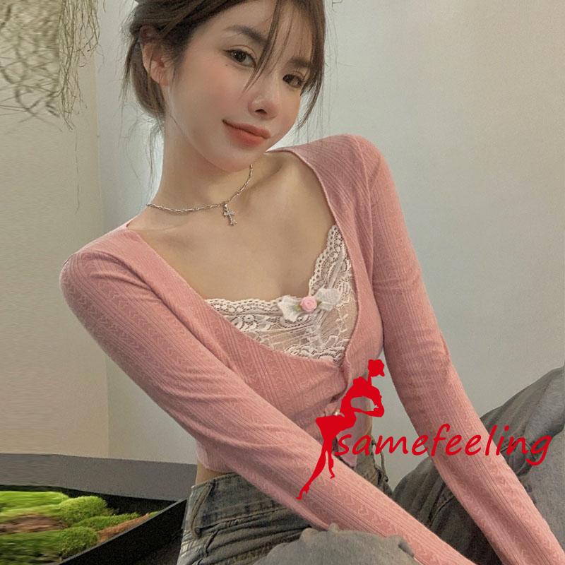 Sf Áo Khoác Cardigan Dệt Kim Phối Ren Giả Hai Mảnh Dáng Ôm Tay Dài Thời Trang Đường Phố Cho Bạn Gái
