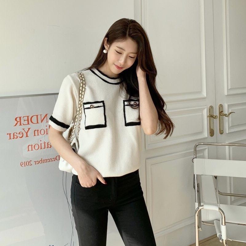 Áo cộc tay túi giả cổ tròn, áo len cộc tay dáng ngắn kẻ viền đen trắng cho nữ phong cách hàn quốc - shopbelinh