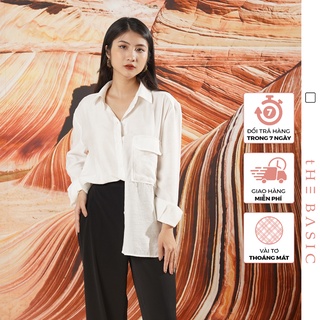 Áo sơ mi nữ dài tay The Basic oversize màu trắng vạt bầu túi nắp trẻ trung