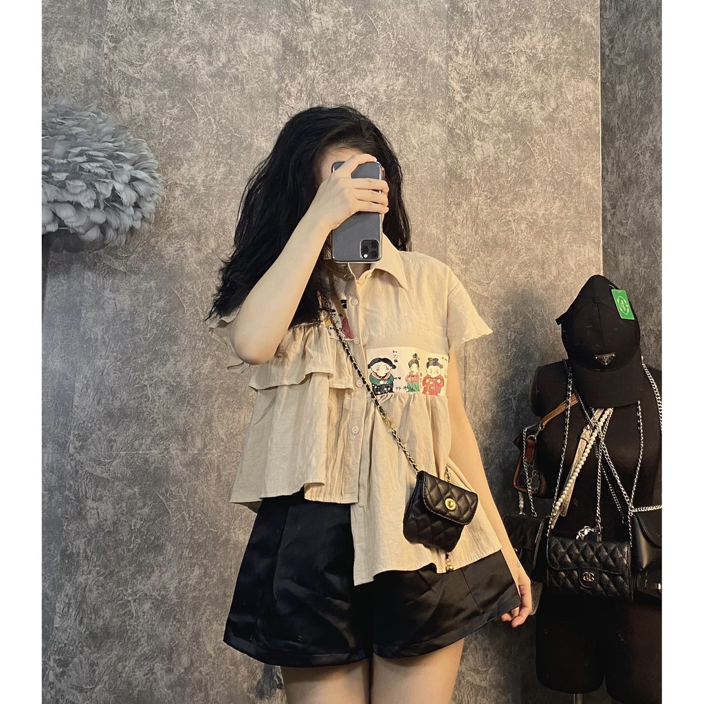 [Ảnh Thật] Áo Sơ-mi Vạt Lệch In Phối Hình Cô Gái Siêu Cưng | BigBuy360 - bigbuy360.vn