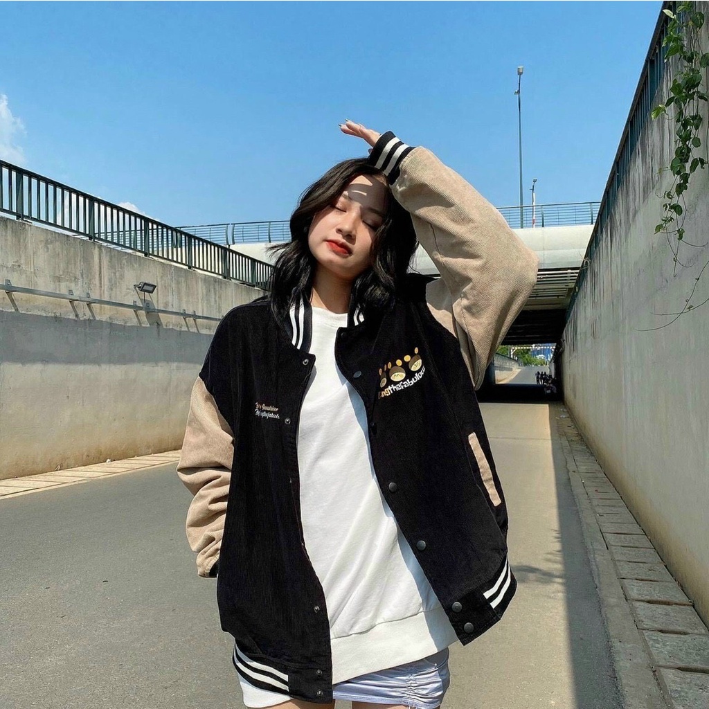 Áo Khoác Bomber In Con Ong Chất Nhung Tăm- Áo Bomber Nữ Unisex Form Rộng Phong Cách Hàn Quốc