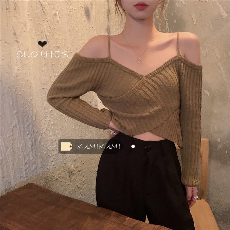 【Hot】Phiên Bản Hàn QuốcinsÁo Dệt Kim Chui Đầu Hở Vai Cẩn Thận Áo Len Hai Dây Dài Tay Thon Gọn Mẫu Ngắn Cho Nữ Sành Điệu