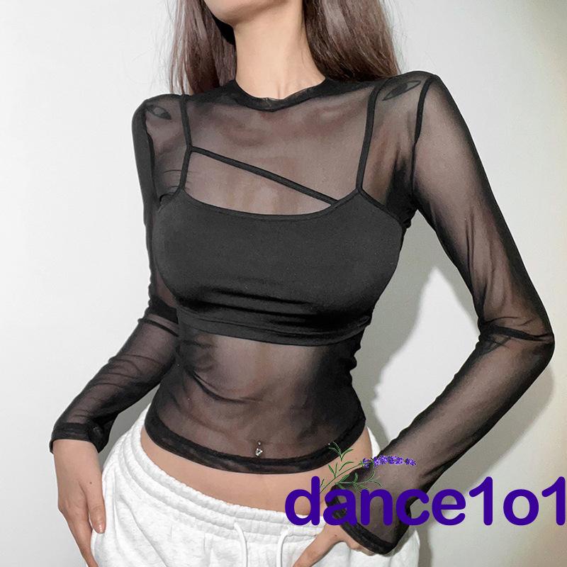 ☆KE♧Women´s Camisole + Long Sleeve Crew Neck See-Through Mesh T-Shirt Set