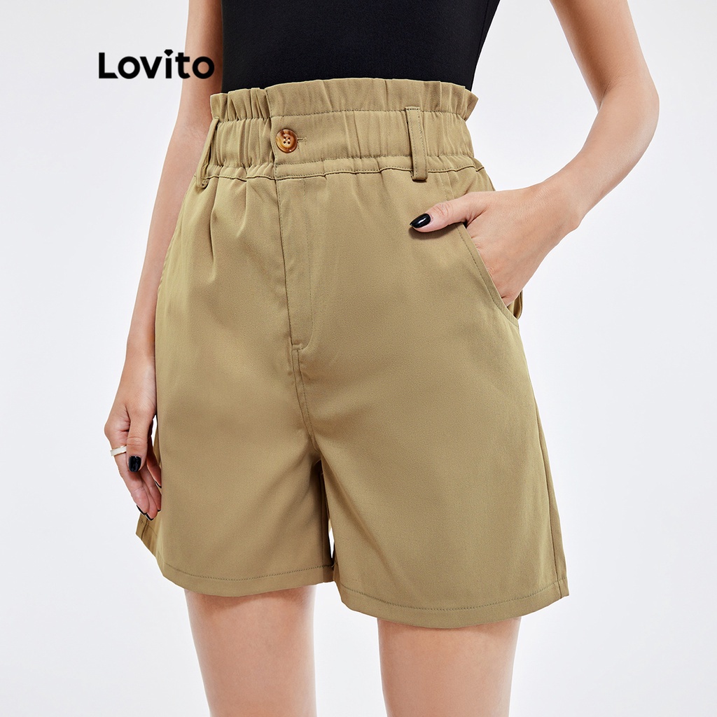 106DP-Quần short Lovito màu trơn thiết kế túi giấy ngay thắt lưng có túi phong cách thường ngày L25AD050 (màu kaki)