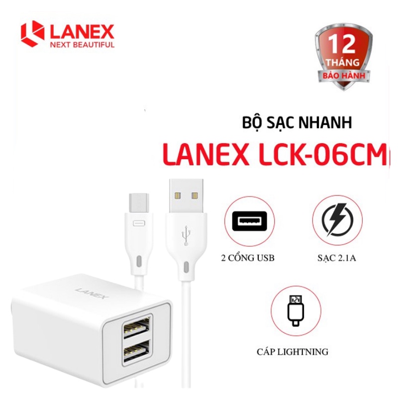 Bộ sạc nhanh Lanex LCK-06CM 2 cổng USB 2.1A kèm cáp Micro Usb thumbnail