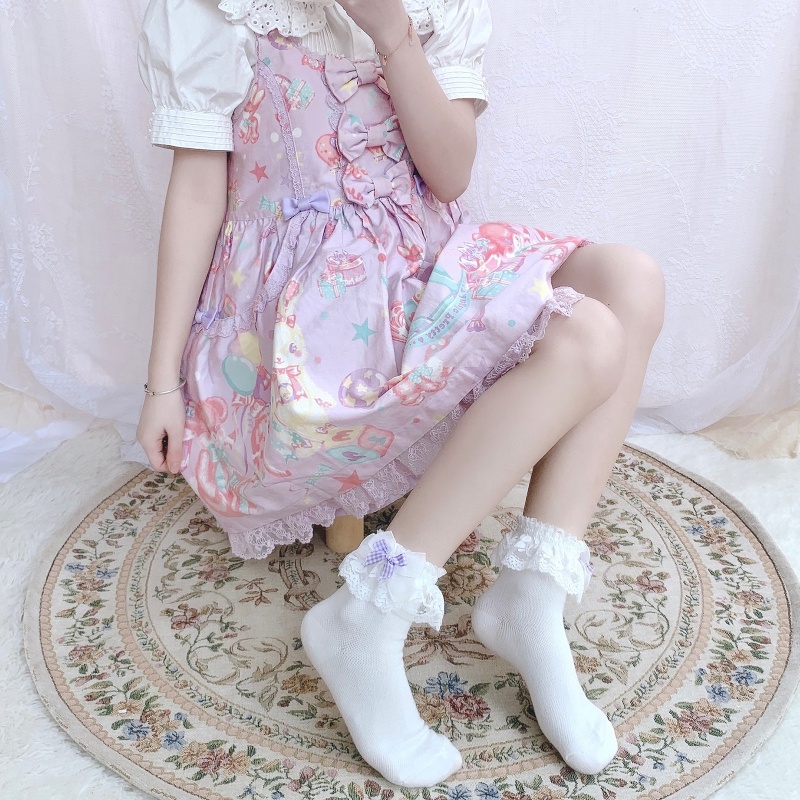 Vớ cotton phối ren đính nơ phong cách lolita dễ thương dành cho nữ