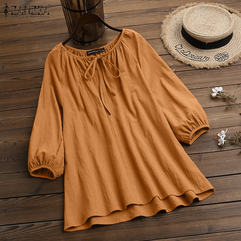 Áo Kiểu Zanzea Tay Phồng Cổ Tròn Rút Dây Màu Trơn Phong Cách Vintage Cho Phụ Nữ