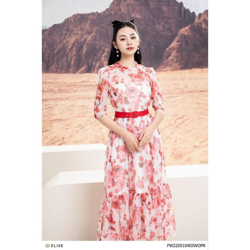 Đầm voan hoa đỏ đai eo thiết kế Elise FW2205104DIWOPR