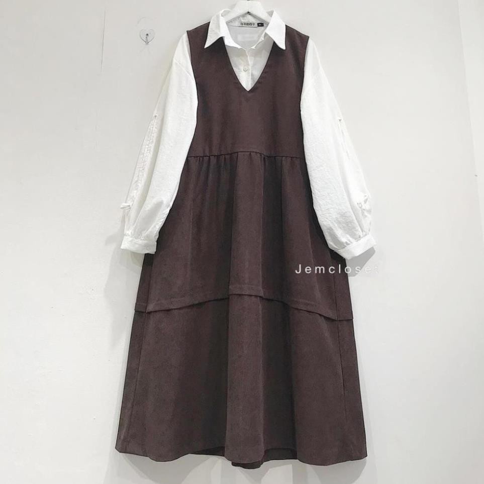 Váy Yếm Dài Nữ Ulzzang 2 Màu Đen Và Nâu Yếm Váy Basic Chất Nhung Tăm Dày Dặn Phong Cách Dễ Thương  Anko 7145