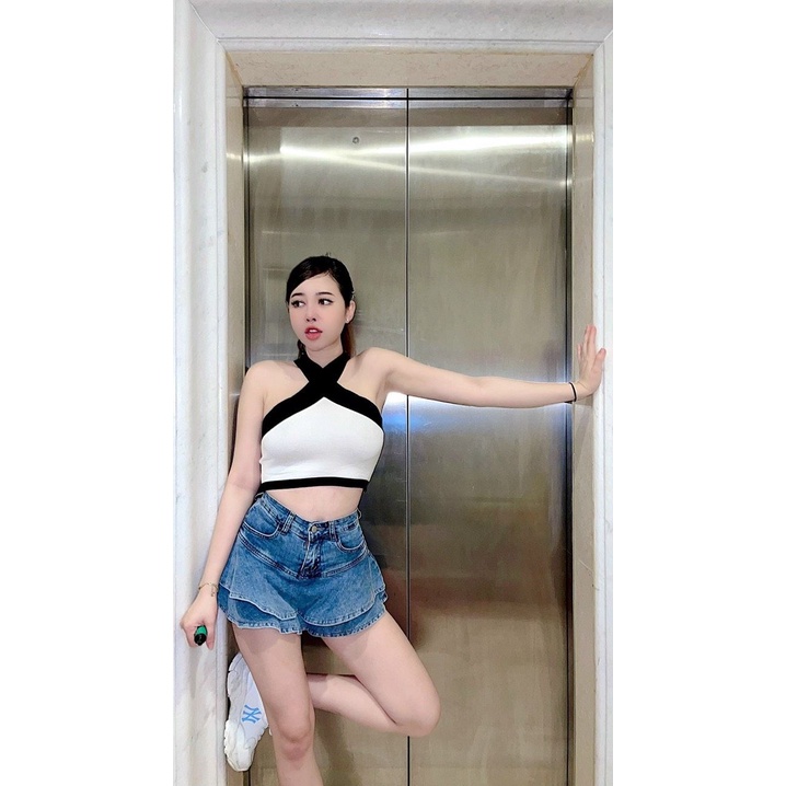 Áo yếm trắng phối màu chéo