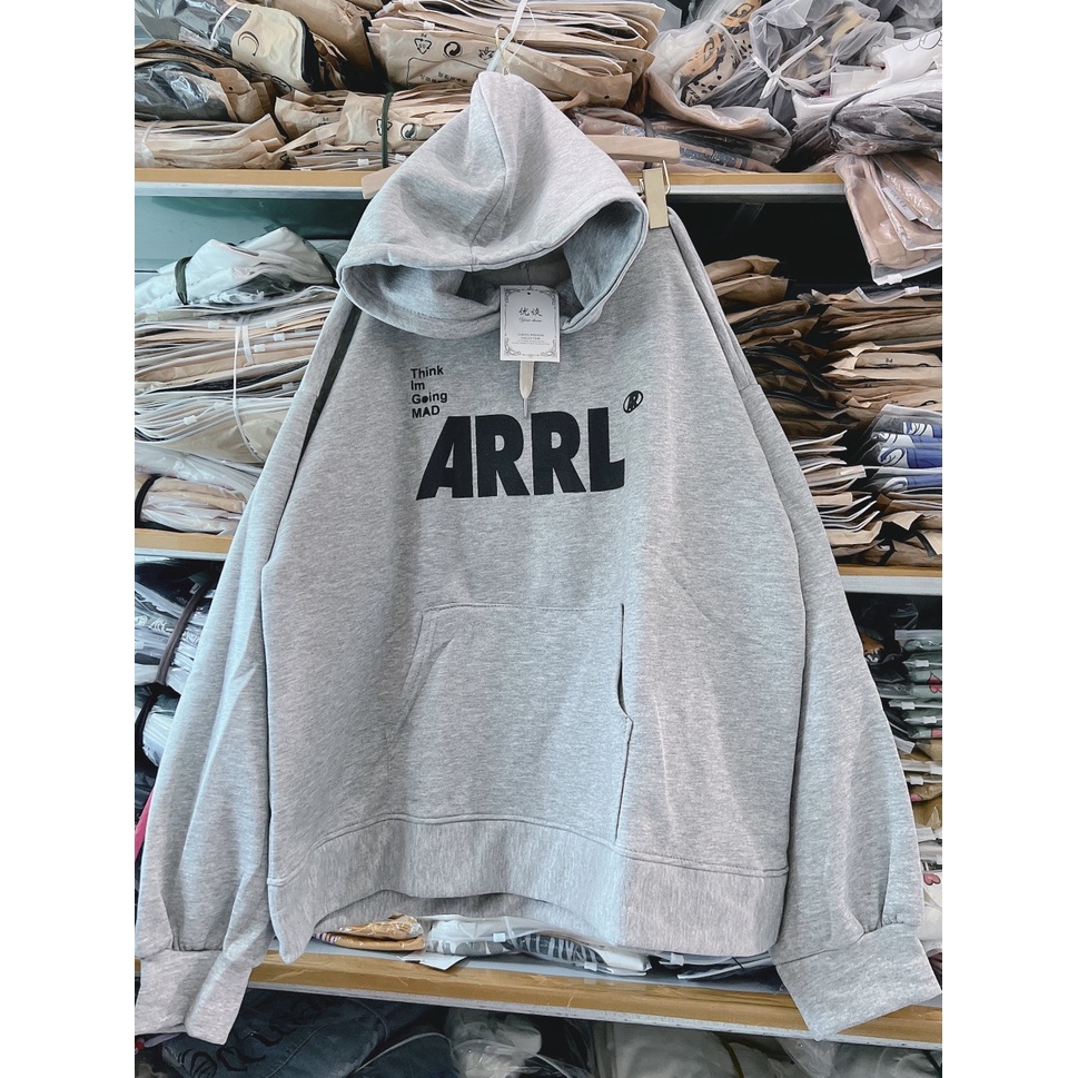 Hoodie Nam Nữ Oversize Dáng Rộng Chữ Arrl Unisex Màu Xám Mũ To Tay Bồng Uzzlang Basic
