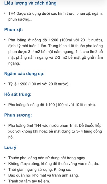 THUỐC SÁT TRÙNG TH4 diệt khuẩn, diệt nấm, diệt virus chai 1 lít.