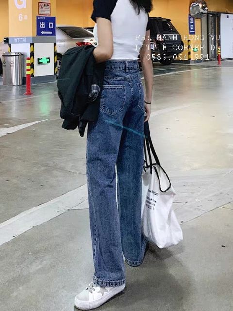 Quần baggy jeans cạp cao ống loe nhẹ màu xanh đá ulzzang kèm ảnh thật