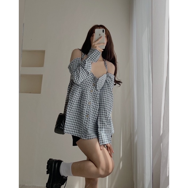 Áo trễ vai kẻ caro phối chun sau lưng 094