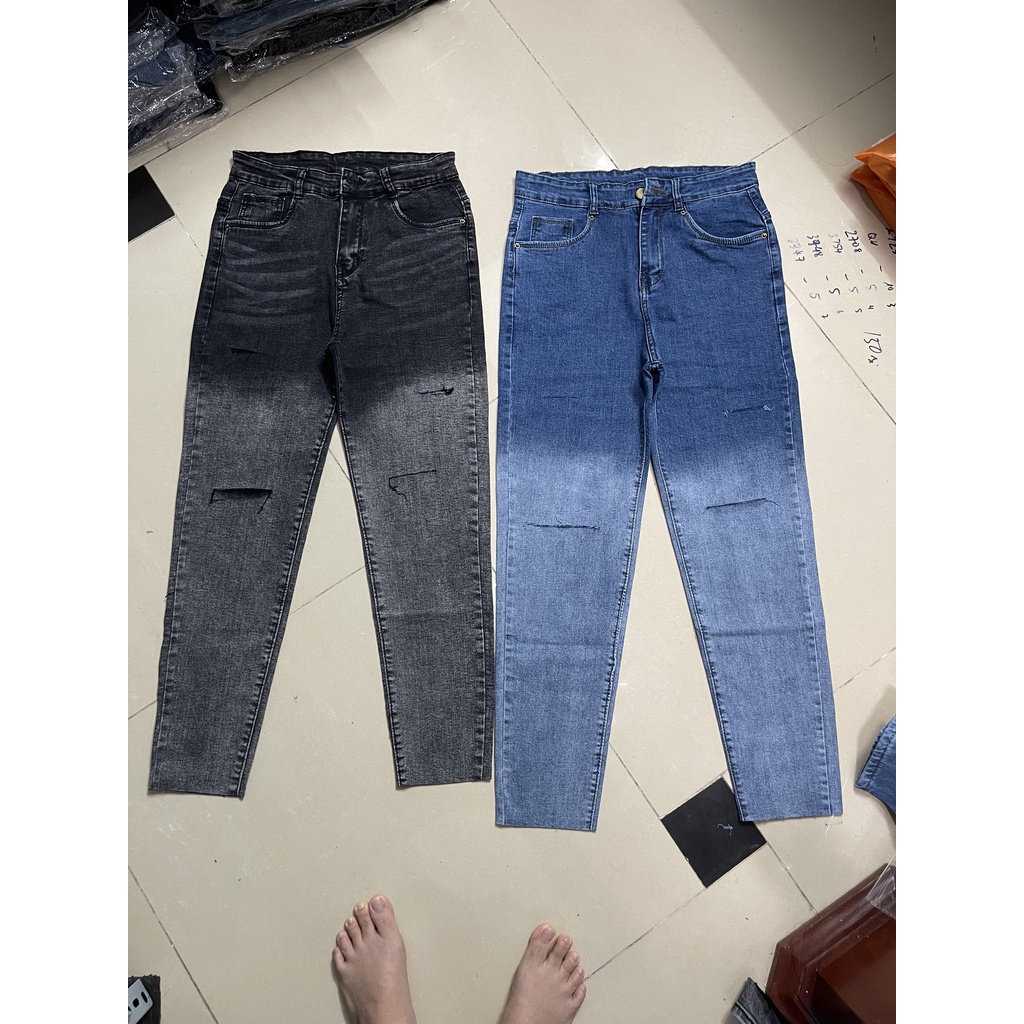 Quần jean dài BIGSIZE Lưng cao, màu xám lông chuột loang 2 màu, co dãn mạnh rẻ đẹp cắt rách 3950 Moliruan