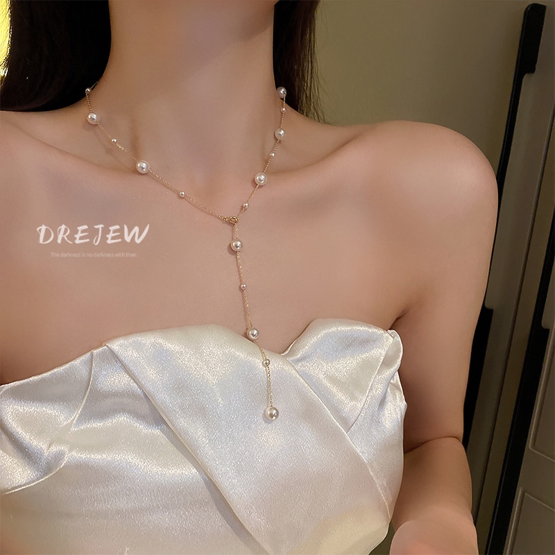 DREJEW Dây chuyền dáng dài đính ngọc trai phong cách Hàn Quốc thời trang