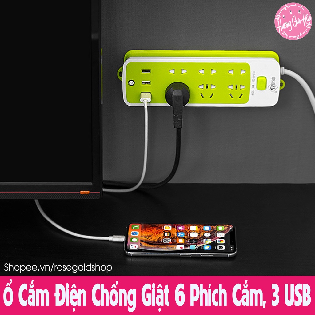 Ổ Cắm Điện Chống Giật 6 Phích Cắm, 3 Cổng USB, Phù Hợp Mọi Loại Phích Cắm, Nút Nguồn An Toàn Cho Trẻ Nhỏ