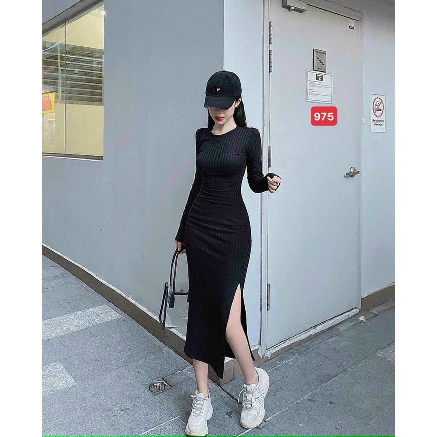 Váy body dài tay, chất thun gân ,váy ôm body xẻ tà mới 2021,hack dáng tôn màu da, Free size từ 38 đến 58kg