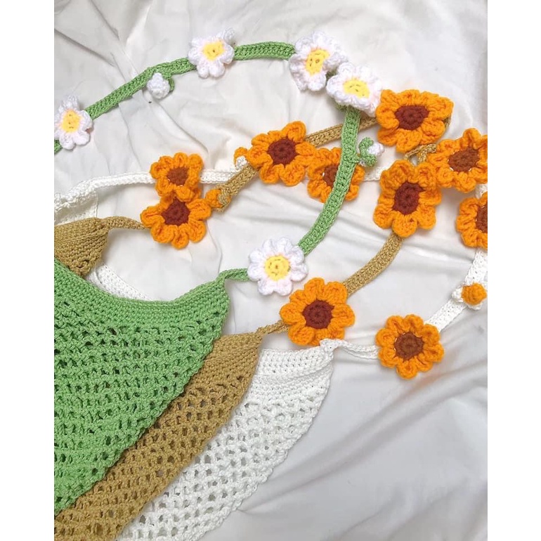 Túi Len Đeo Chéo Đính Hoa Cúc Trắng Handmade - Crochet Daisy Bag - Nhận đan móc theo yêu cầu