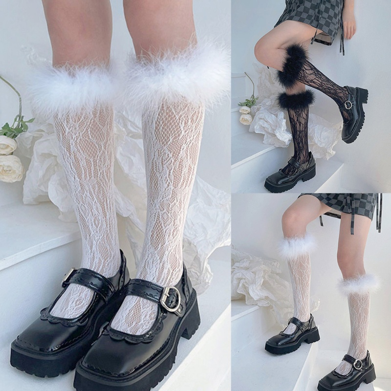 Vớ ren ống cao đến đầu gối đính lông phong cách lolita đáng yêu cho nữ