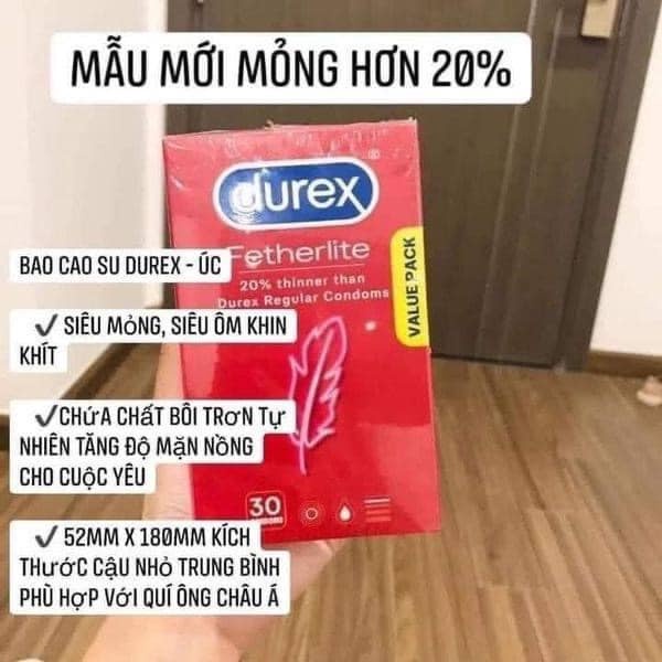 Bao cao su siêu mỏng XuDaStore bao cao su kéo dài thời gian Durex Fetherlite nội địa Úc hộp 30 chiếc