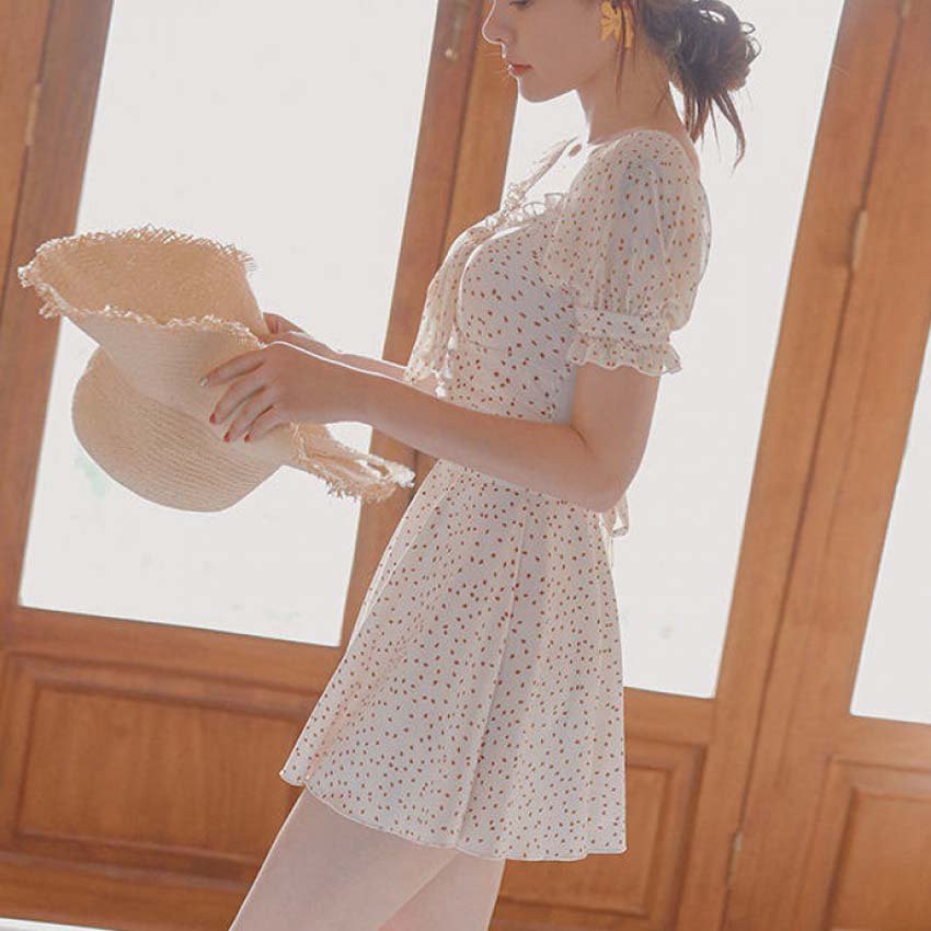 Váy Nữ Dáng Xòe, Đầm Nữ Họa Tiết Chấm Bi Lưng Dây Đan Thắt Eo Moda.H