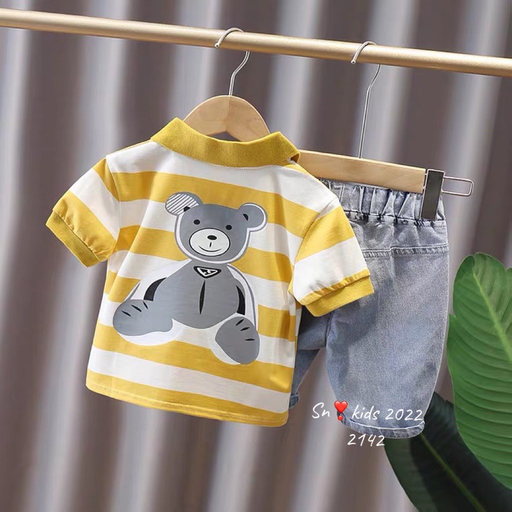 Bộ quần áo cộc tay bé trai, Sét áo polo kẻ to họa tiết gấu MARIO kèm quần bò ngố cho bé size 10-32kg