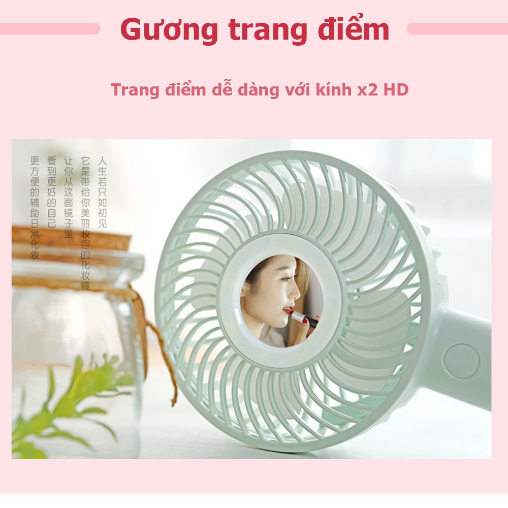 Quạt cầm tay MIRROR-FAN pin 1200 mAh có đèn LED và gương trang điểm thời gian sử dụng 200 phút