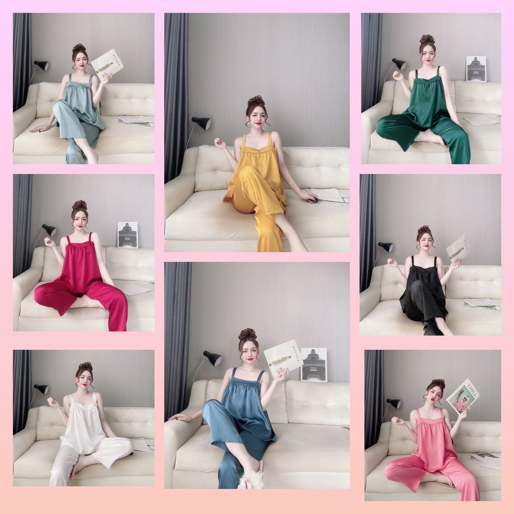 bộ quần áo 2 dây nữ, bộ dài mặc nhà, đồ bộ dây bảng quần dài chất satin - cn69