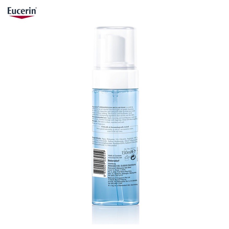 Eucerin Bọt Tẩy Trang Làm Sạch &amp; Dưỡng Ẩm Dermato Clean Hyaluron Micellar Foam 3 in 1 150ml