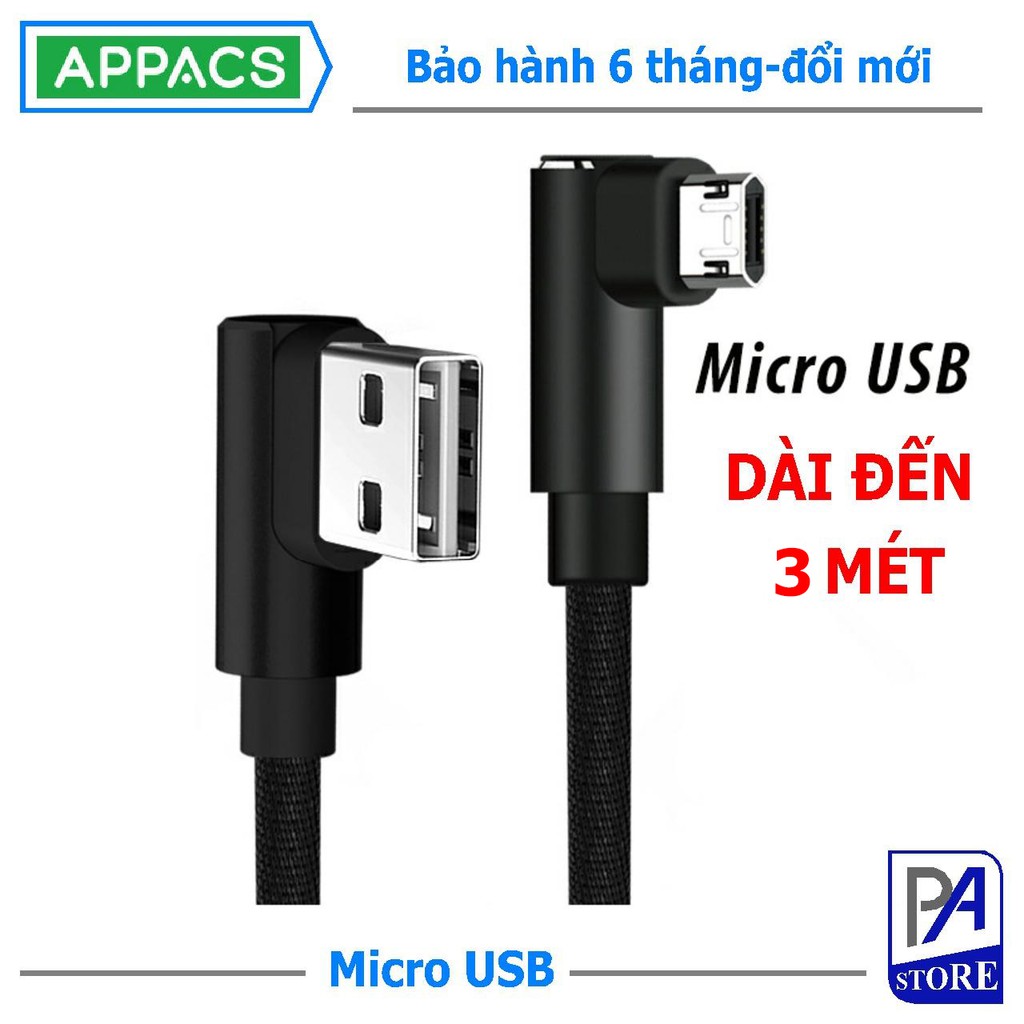 Cáp Sạc Siêu Tốc (Q.C 3.0) Micro USB APPACS, Dài 3m, Đầu Chữ L Chống Vướng Tay