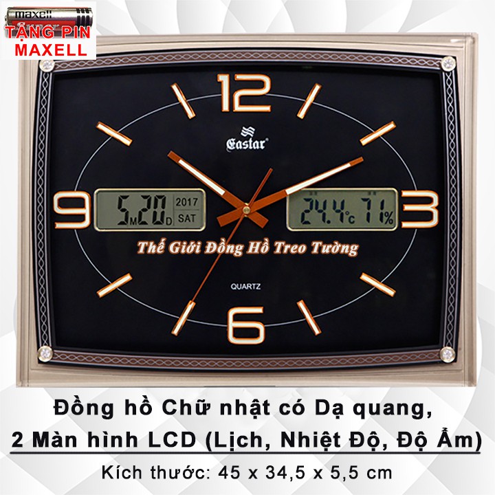 Đồng Hồ Treo Tường KIM ĐIỆN TỬ EASTAR Chữ Nhật Mặt Đen – Có DẠ QUANG (*) - LỊCH Vạn Niên – NHIỆT ĐỘ Và ĐỘ ẨM