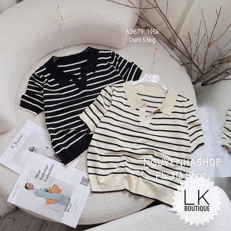 Áo len kẻ cổ bẻ V hàng QC