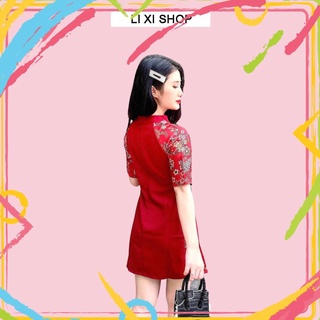 Đầm tết đỏ dạng sườn xám áo dài cách tân phối gấm hoa cao cấp
