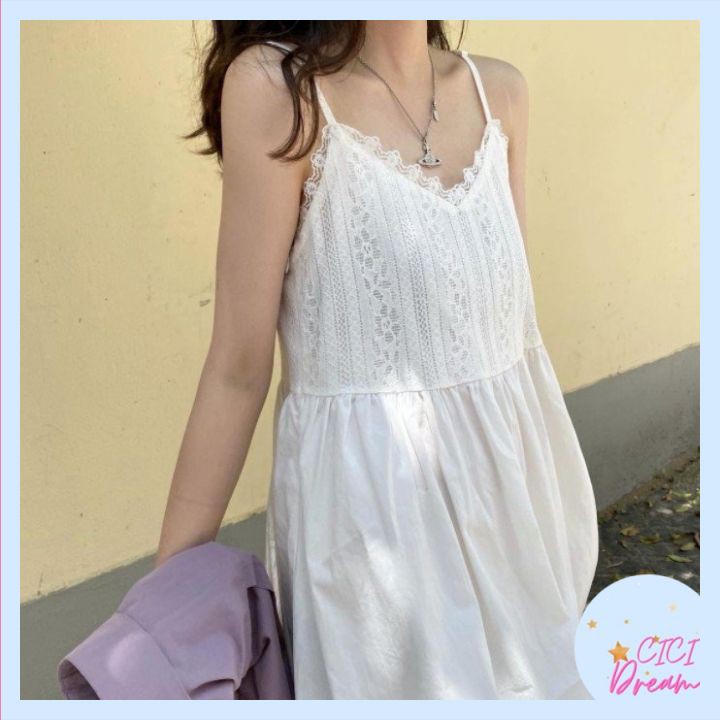 Đầm - váy hai dây trắng dài xòe phối ren tiểu thư babydoll , Đầm - váy 2 dây trắng phối ren hoa dài dáng xòe babydoll