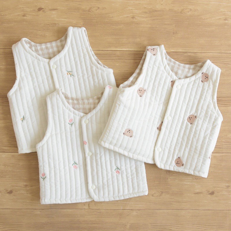 Áo Gile Cotton Trần Bông Mềm Họa Tiết Thêu Xinh Xắn Cho Bé
