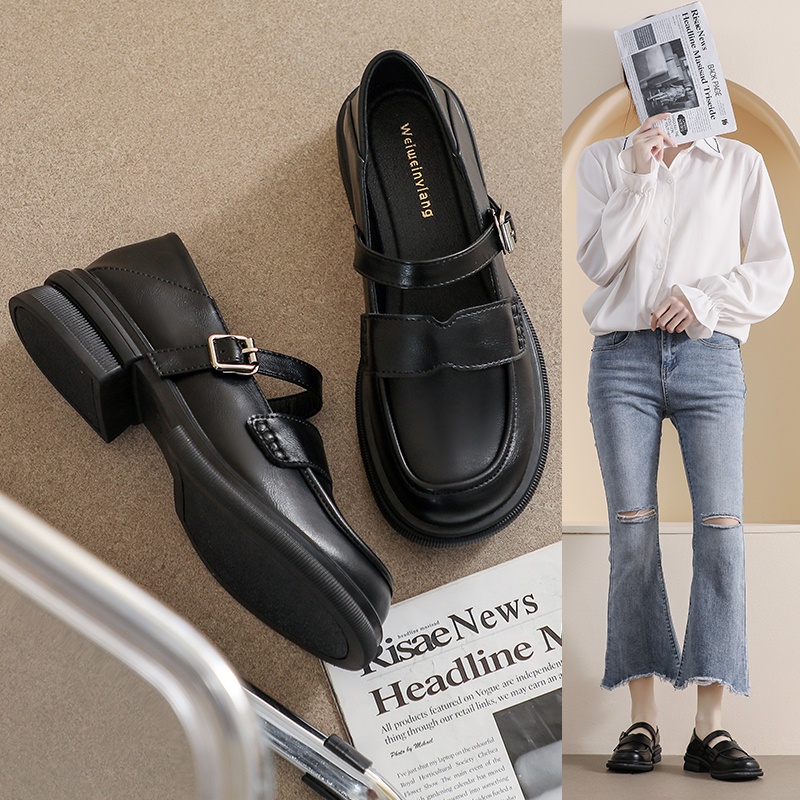 Giày Da Đế Dày Phong Cách Anh Quốc Cổ Điển Cho Nữ Size 34-42