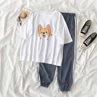 Bộ jogger line phối thun unisex chó cute s48