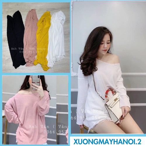 áo thun giấy lệch vai🍁Áo thun cotton xước tay dài hở vai, giá rẻ,XUONGMAYHANOI.2