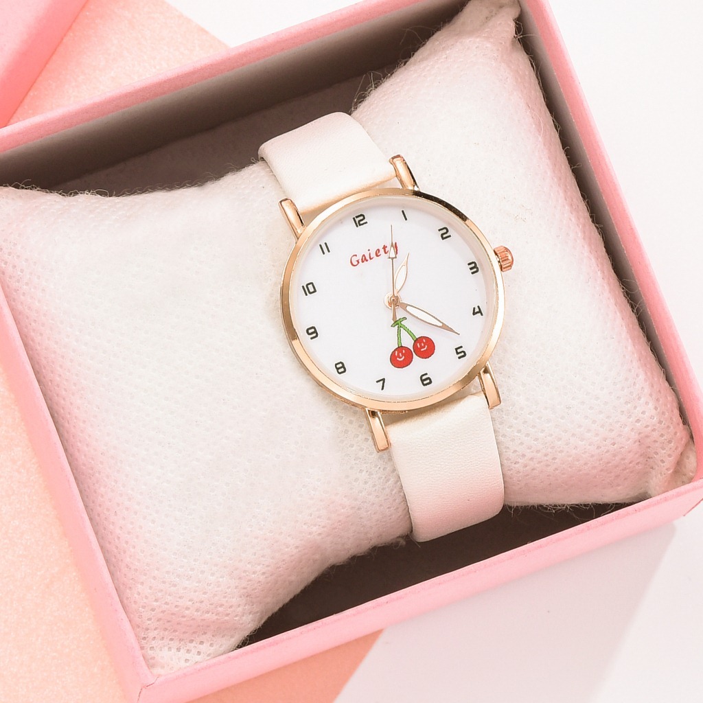 Đồng Hồ Nữ Dây Da Họa Tiết Hình Quả Cherry Dễ Thương