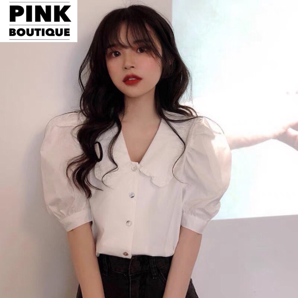 Áo Sơ Mi Trắng Nữ Đẹp Áo Kiểu Form Rộng Tay Ngắn Phồng Cổ Đức BèoThiết Kế PINK BOUTIQUE