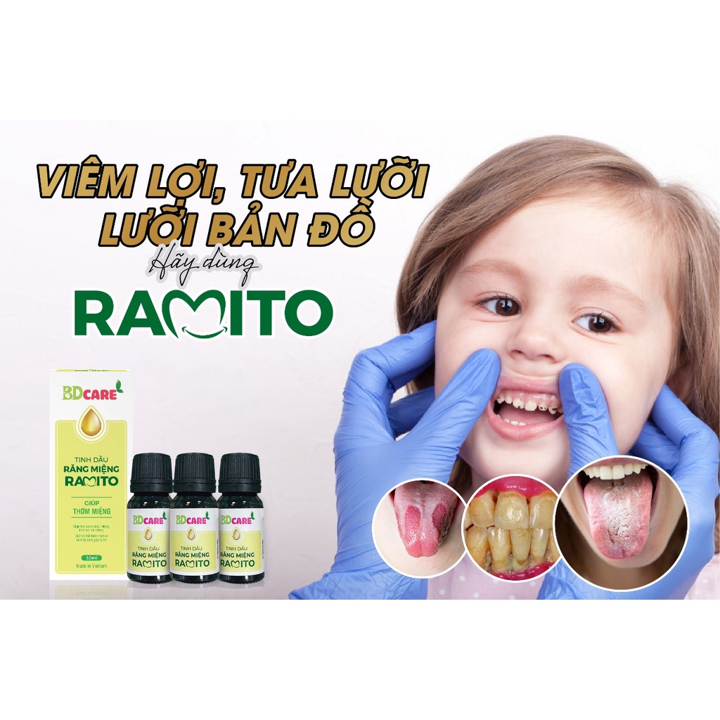 Tinh dầu răng miệng Ramito làm sạch, tạo hơi thở thơm mát, phòng ngừa và hỗ trợ giải quyết các vấn đề răng miệng lọ 10ml
