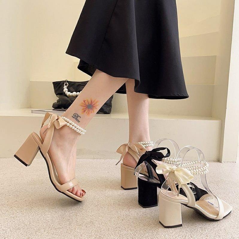 Giày Cao Gót nữ đế vuông quai thắt nơ 7 phân, giày sandal 7 phân quai ngọc hot 2022 trending Kobuta89 👎