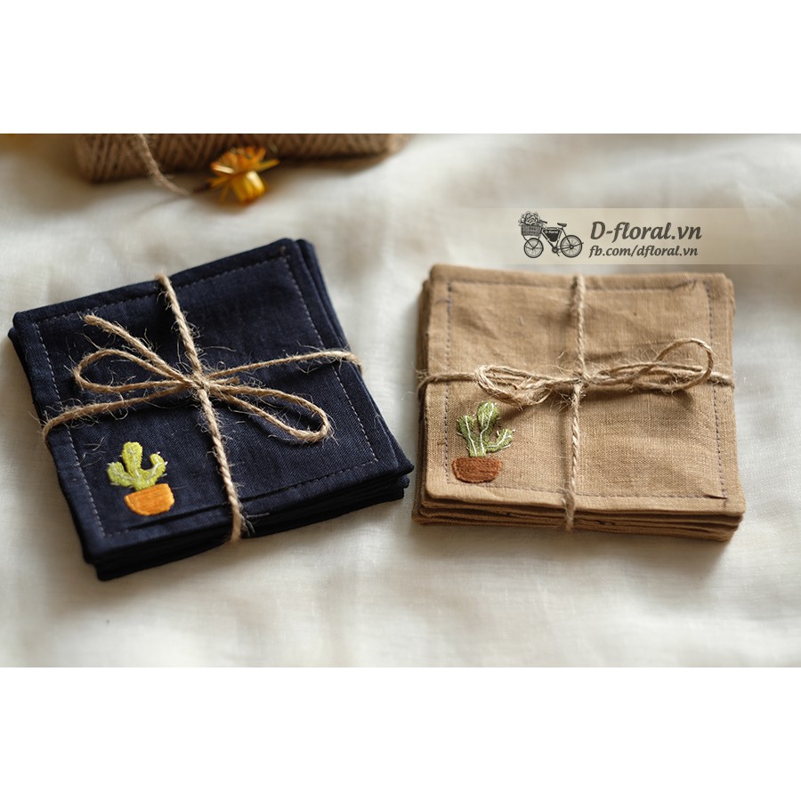 Set lót ly linen thêu tay